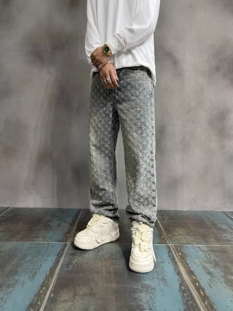 American Style High Street Ripped Jeans Men'S Summer Jacquard Design Sense Parisian Style Pants Trendy Brand Vibe Straight Pants - Image 3